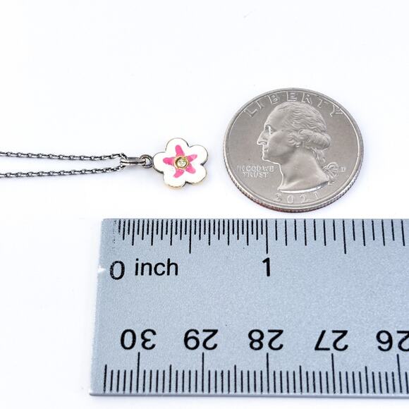 Vintage Sterling Silver 925 Crystal Pink Enamel Flower Pendant Necklace 14”-16” - Picture 4 of 6